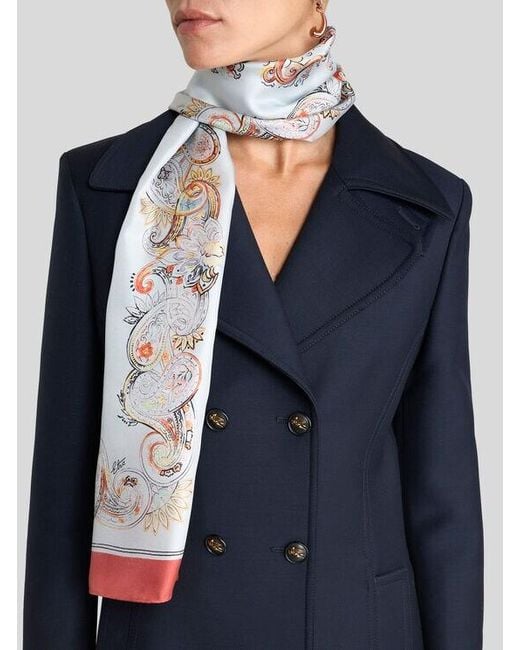 Etro White Silk Scarf With Logo And Floral Paisley Motif