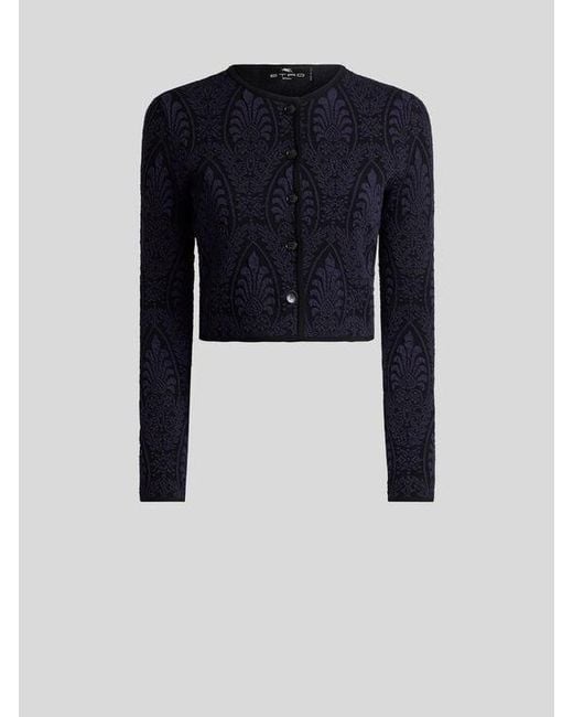 Etro Blue Cropped Jacquard Cardigan With Medallion Motif