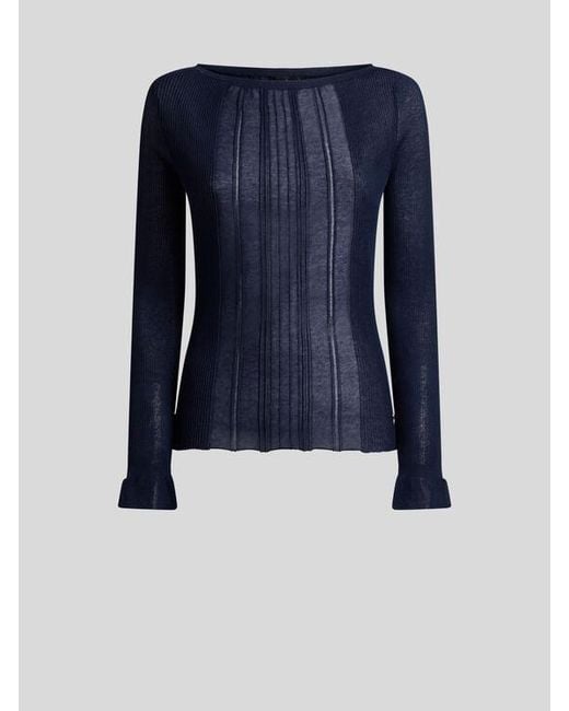 Etro Blue See-Through Cotton-Blend Jacquard Sweater With Boat Neck