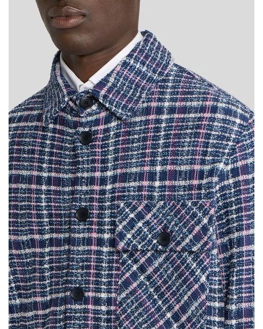 Etro Blue Knit Cotton-Blend Jacquard Jacket With Maxi Check Motif for men
