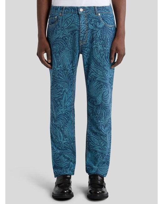 Etro Blue Stretch Jeans With All-Over Foliage for men