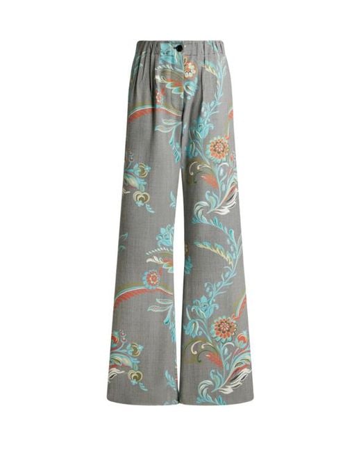 Etro Blue Wool-Blend Trousers With Daffodil Print