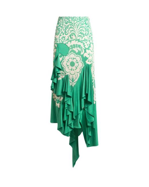 Etro Green Asymmetric Jersey Skirt With Flounce And Print