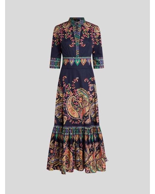 Etro Blue Long Cotton Dress With Placed Floral Paisley Print