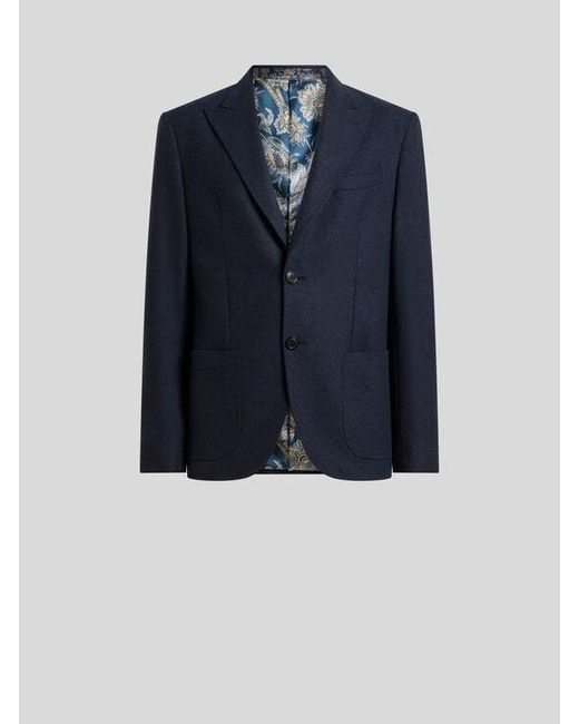 Etro Blue Single-Breasted Jersey Jacket With Peak Lapels for men