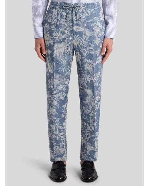 Etro Blue Cotton Jacquard Jogging Trousers With Floral Motif for men