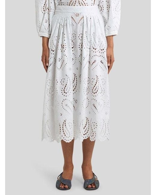 Etro White Broderie Anglaise Lace Midi Skirt With Paisleys And Hearts