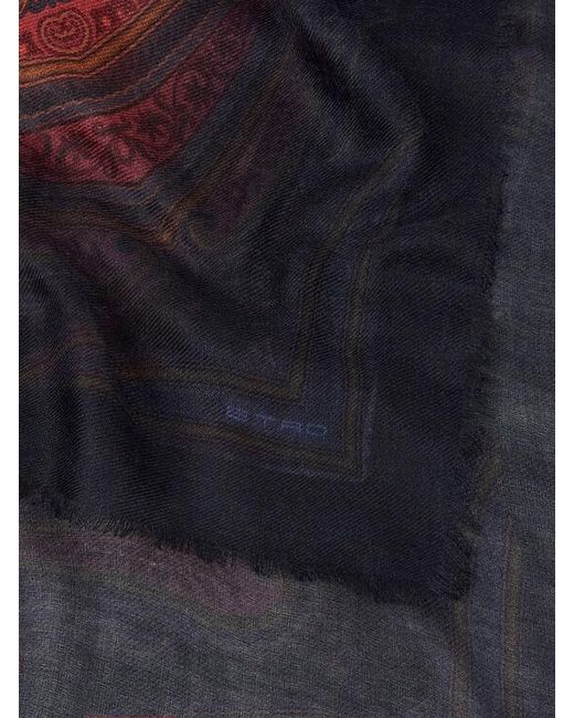 Etro Blue Wool, Cashmere And Silk Shawl With Degradé Motif