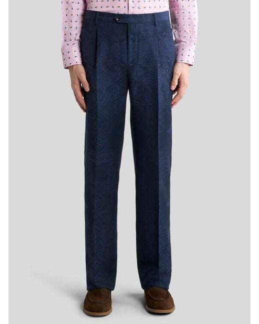 Etro Blue Cotton-Blend Jacquard Trousers With Placed Floral Paisley Motif for men