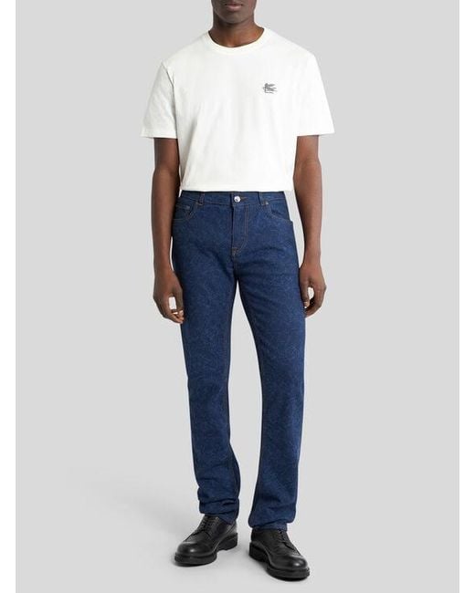 Etro Blue Regular-Fit Jacquard Denim Jeans With Floral Paisley Motif for men