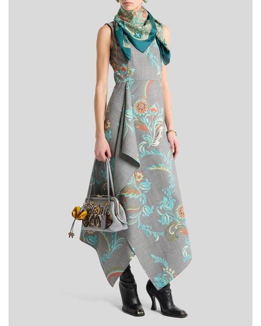 Etro Green Asymmetric Wool-Blend Midi Dress With Daffodil Print