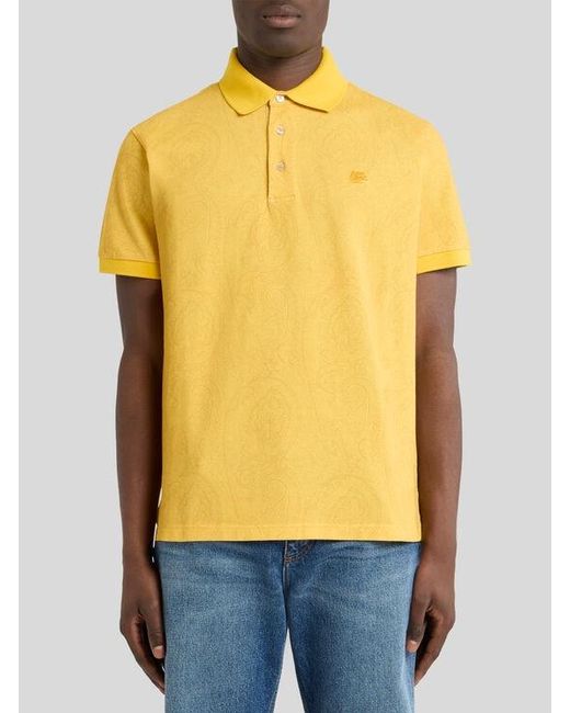 Etro Yellow Cotton Polo Shirt With Arnica Motif for men