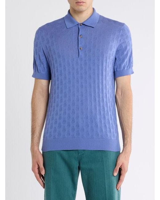 Etro Blue Knit Cotton Polo Shirt With Micro Paisley Motif for men