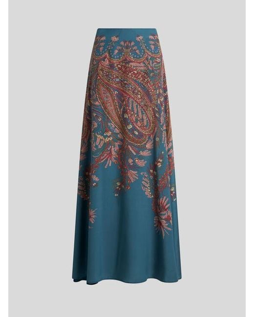Etro Blue Langer Rock Aus Seide Mit Platziertem Print, Damen, Größe