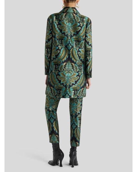 Etro Green Coat With Flower And Bee Jacquard Motif