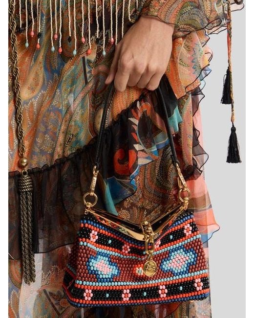 Etro Red Small Vela Bag With Bead Embroidery