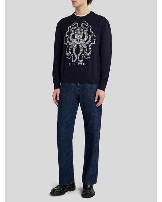 Etro Blue Wool Jumper With Octopus And Logo for men