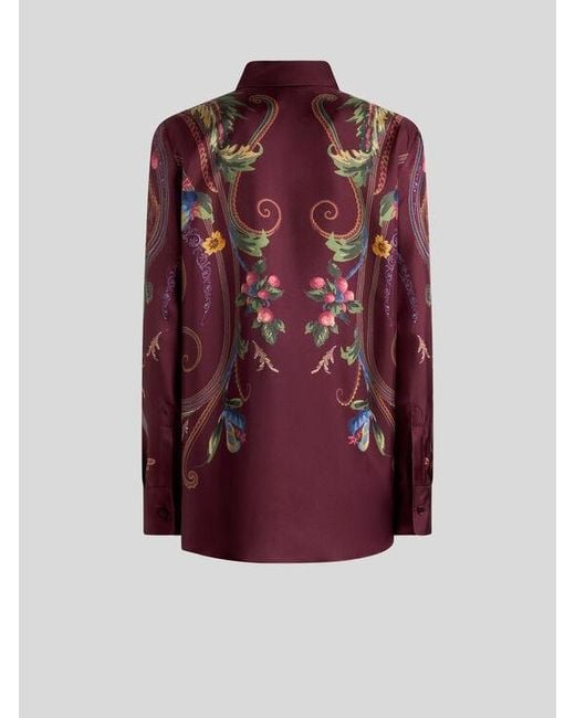 Etro Purple Silk Shirt With Placed Floral Paisley Print