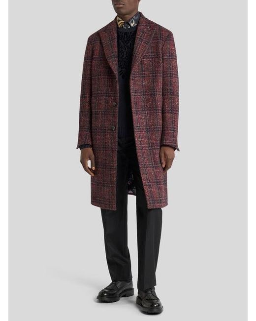 Etro Purple Wool And Cashmere Coat With Check Motif for men