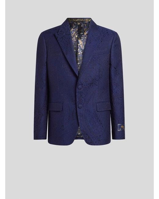 Etro Blue Jacquard Single-Breasted Jacket With Paisley Motif for men