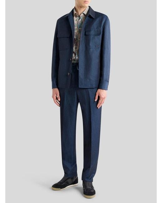 Etro Blue Wool And Linen Shacket for men