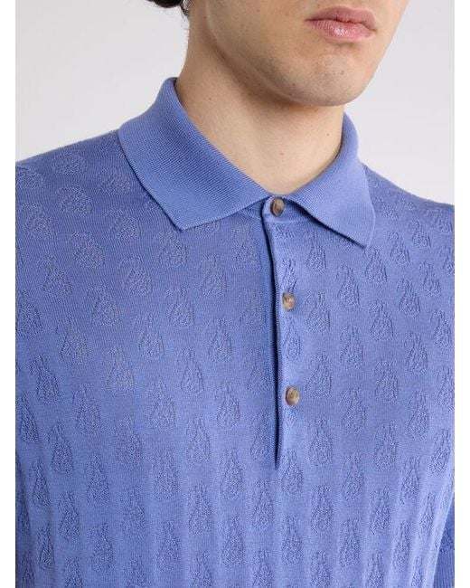 Etro Blue Knit Cotton Polo Shirt With Micro Paisley Motif for men