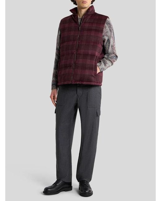 Etro Red Wool And Cashmere Down Gilet With Check Motif for men
