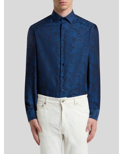 Etro Blue Floral Cotton Jacquard Shirt for men