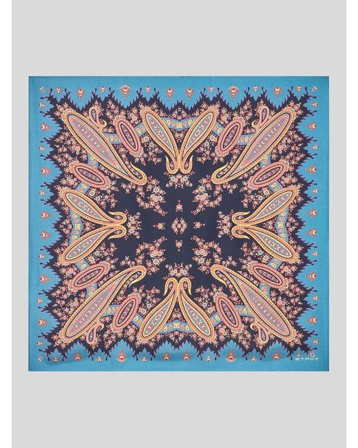 Etro Blue Silk Scarf With Placed Print