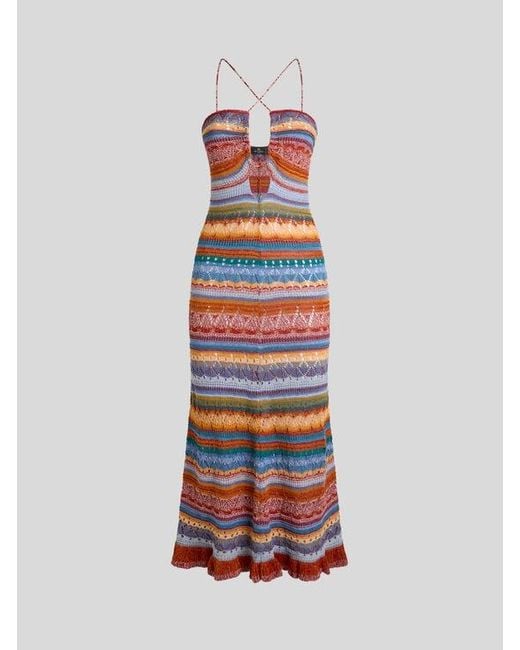 Etro White Long Knit Cotton Dress With Stripes And Openwork