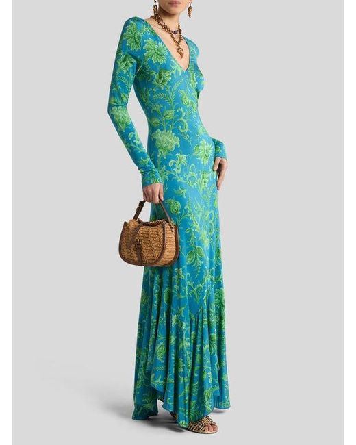 Etro Green Long Stretch Jersey Dress With Floral Motif