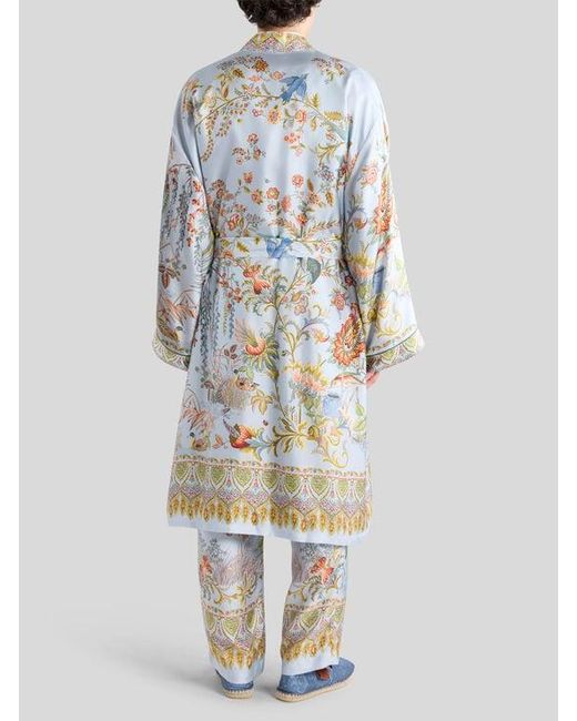 Etro White Silk Robe With Placed Flora And Fauna Print for men