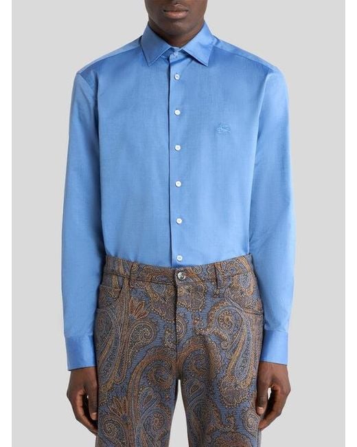 Etro Blue Shirt With Pegaso Embroidery for men
