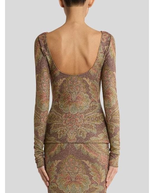 Etro Brown Jersey Sweater With Floral Motif