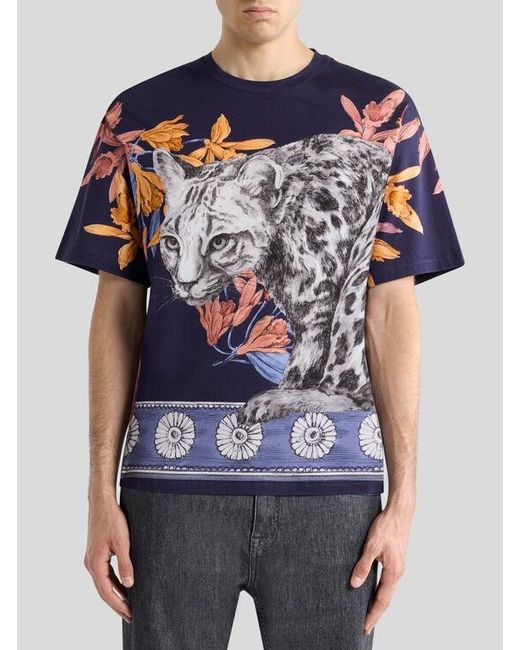 Etro Blue Cotton T-Shirt With Placed Print for men