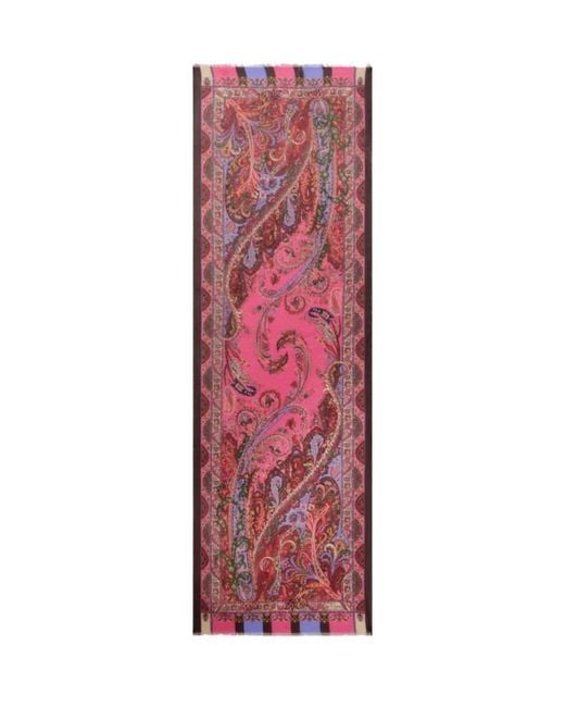 Etro Red Silk Scarf With Floral Leafy Motif