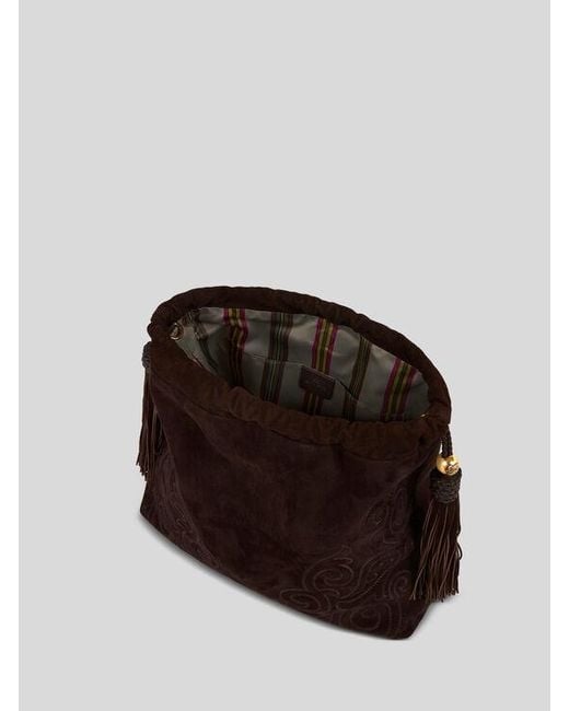 Etro Brown Large Suede Kalispera Bag With Patch And Tassels