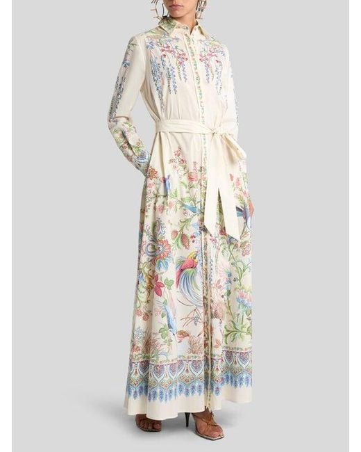 Etro White Long Cotton Shirt Dress With Placed Flora And Fauna Print