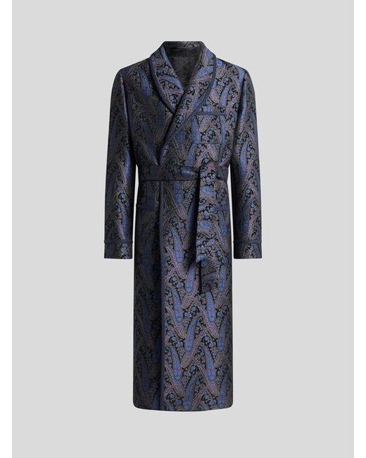 Etro Blue Chenille Jacquard Robe Coat With Metallic Paisley Motif for men