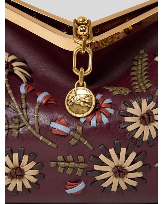Etro Purple Medium Leather Vela Bag With Threading And Floral Motif