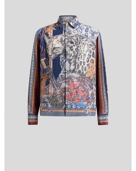 Etro Blue Silk Shirt With Placed Leopard Print for men