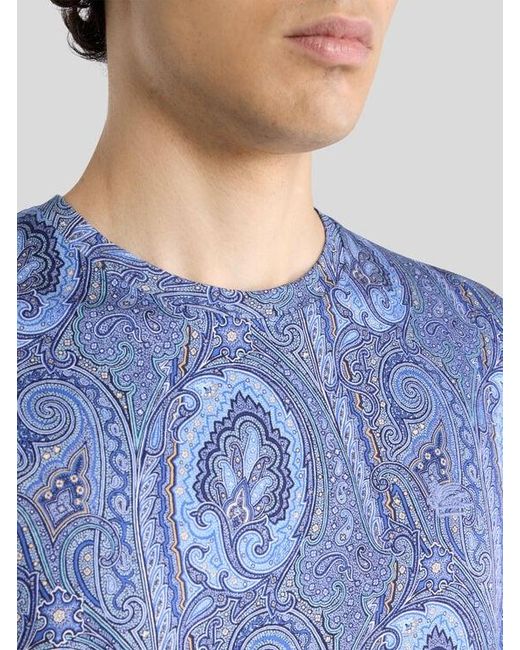 Etro Blue Cotton T-Shirt With Floral Paisley Motif for men