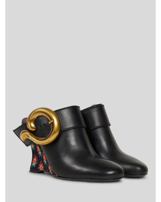 Etro Black Leather Mules With Wedge And Paisley Buckle