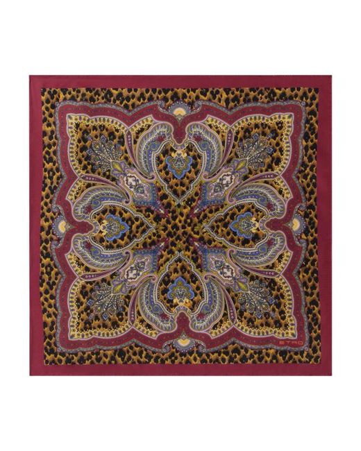 Etro Brown Silk Twill Scarf With Leopard Motif