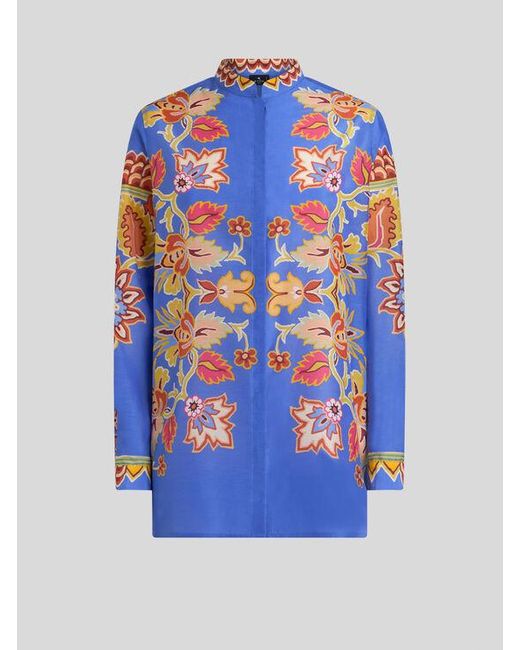 Etro Blue Cotton And Silk Shirt With Print