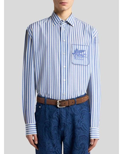 Etro Blue Striped Shirt With Pegaso for men