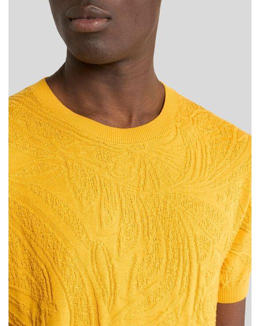 Etro Yellow Knit Cotton T-Shirt With Leafy Paisley Motif for men