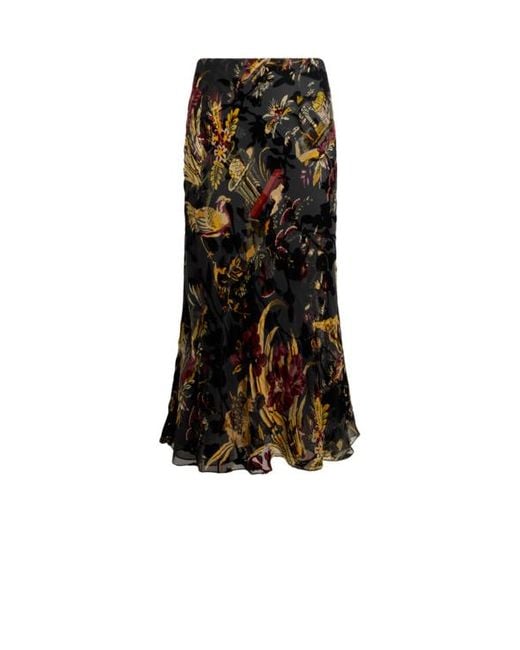 Etro Black Silk-Blend Burnout Velvet Midi Skirt With Flower And Animal Motif