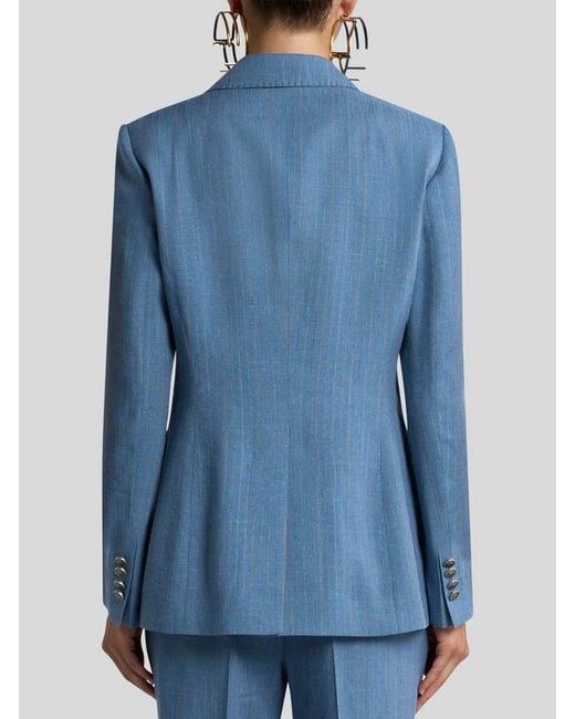 Etro Blue Single-Breasted Striped Jacket With Pegaso Buttons