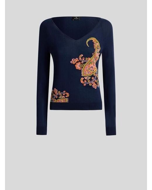 Etro Blue Cotton-Blend Jacquard Sweater With Inlays